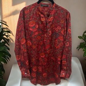 Lauren Ralph Lauren‎ Multicolor Floral Satin Like Long Sleeve Blouse Size M